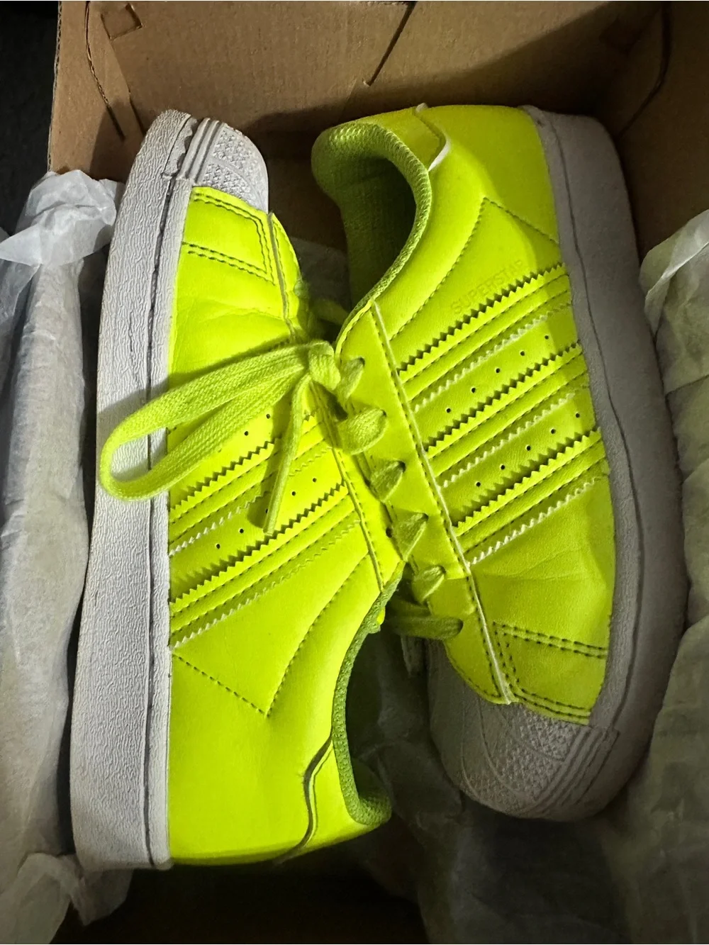 adidas Kids Superstar C Neon Lime Green Lace-Up Sneakers